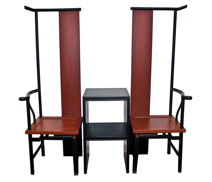 Hand Built Black & Red Traditional Chinese Couple Tea Chair Table Set