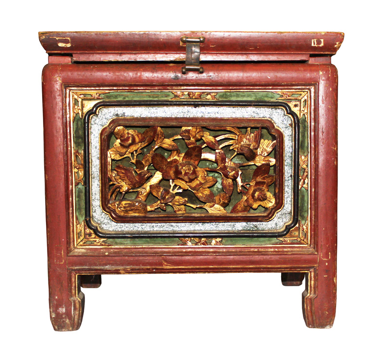 Antique Chinese Handcarved Small Wooden Red Chest