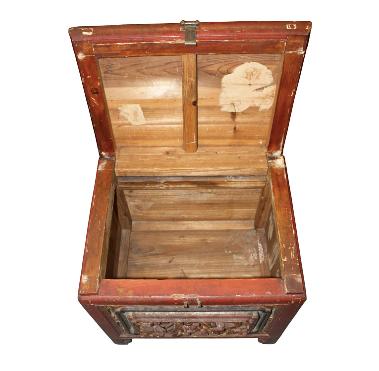 Antique Chinese Handcarved Small Wooden Red Chest