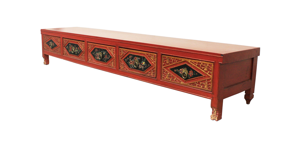 Antique Chinese Handcarved Red Low Table