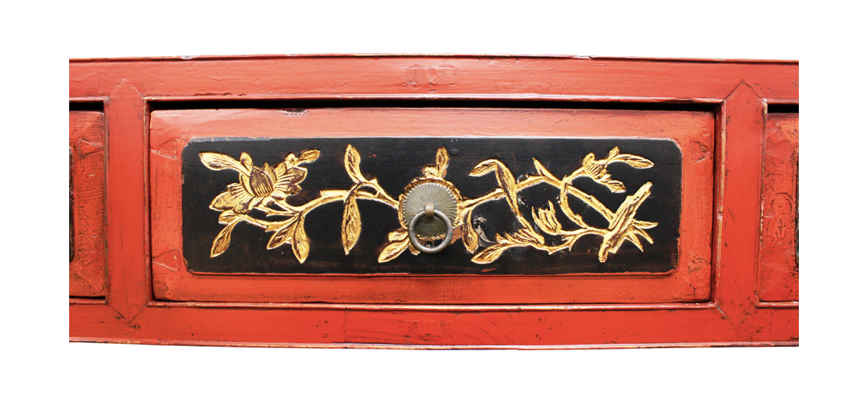 Antique Wooden Handcarved Black & Red Golden Flower Side Table