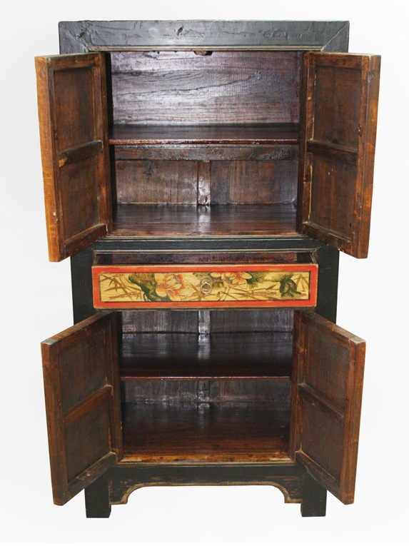 Antique Hand Painted Orange & Yellow Mongolian Tall Cabinet