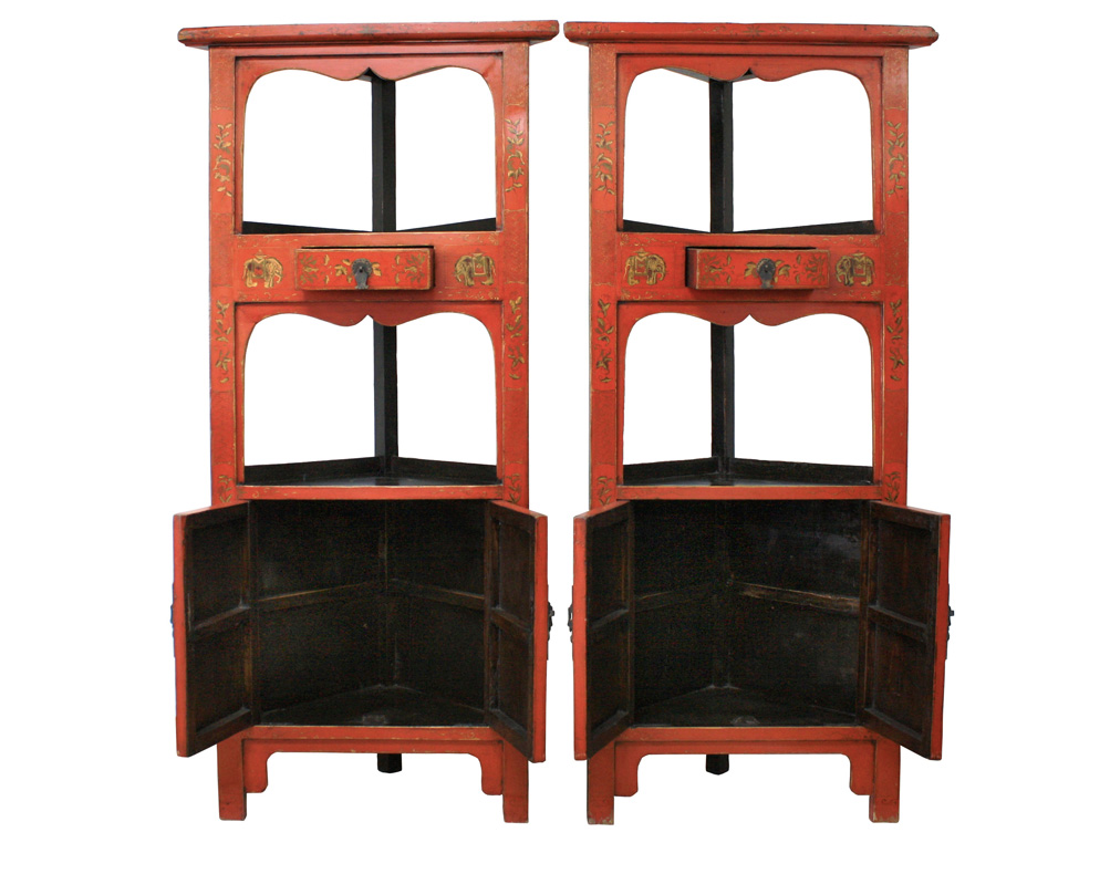 Antique Handmade Wooden Red Corner Cabinets