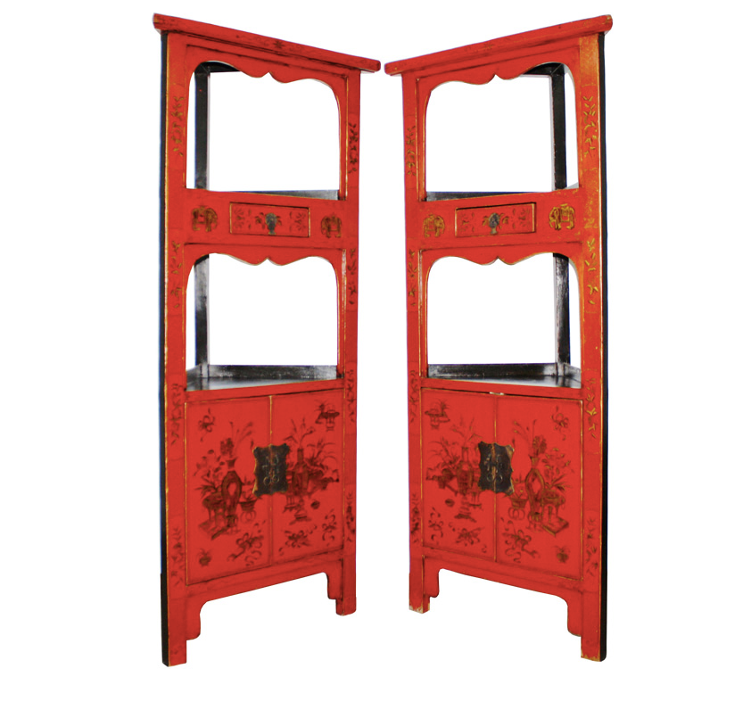 Antique Handmade Wooden Red Corner Cabinets