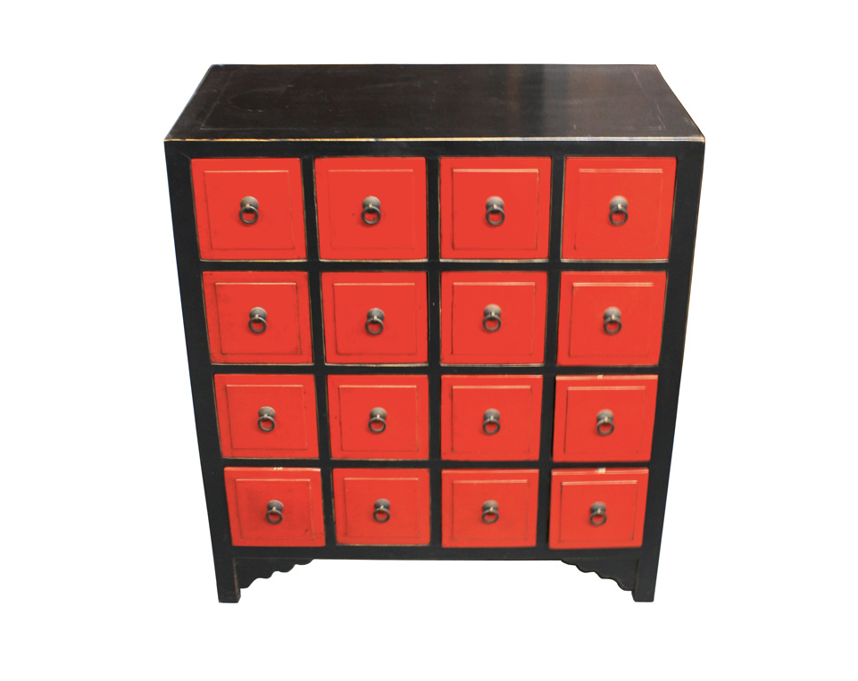 Chinese Black & Red Wooden 16 Drawer Cabinet