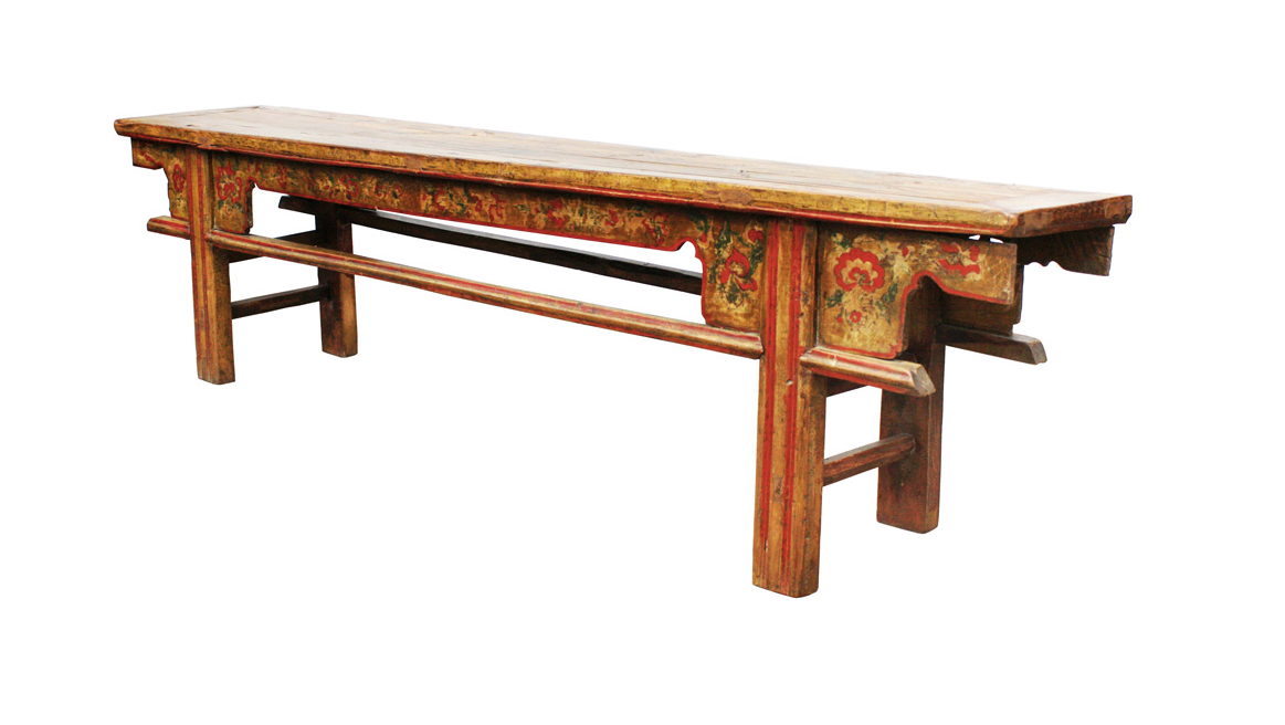 Antique Handmade Wooden Flower Painting Bench