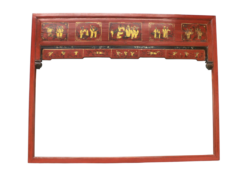 Antique Hand Carved Wooden Red Gold Mirror