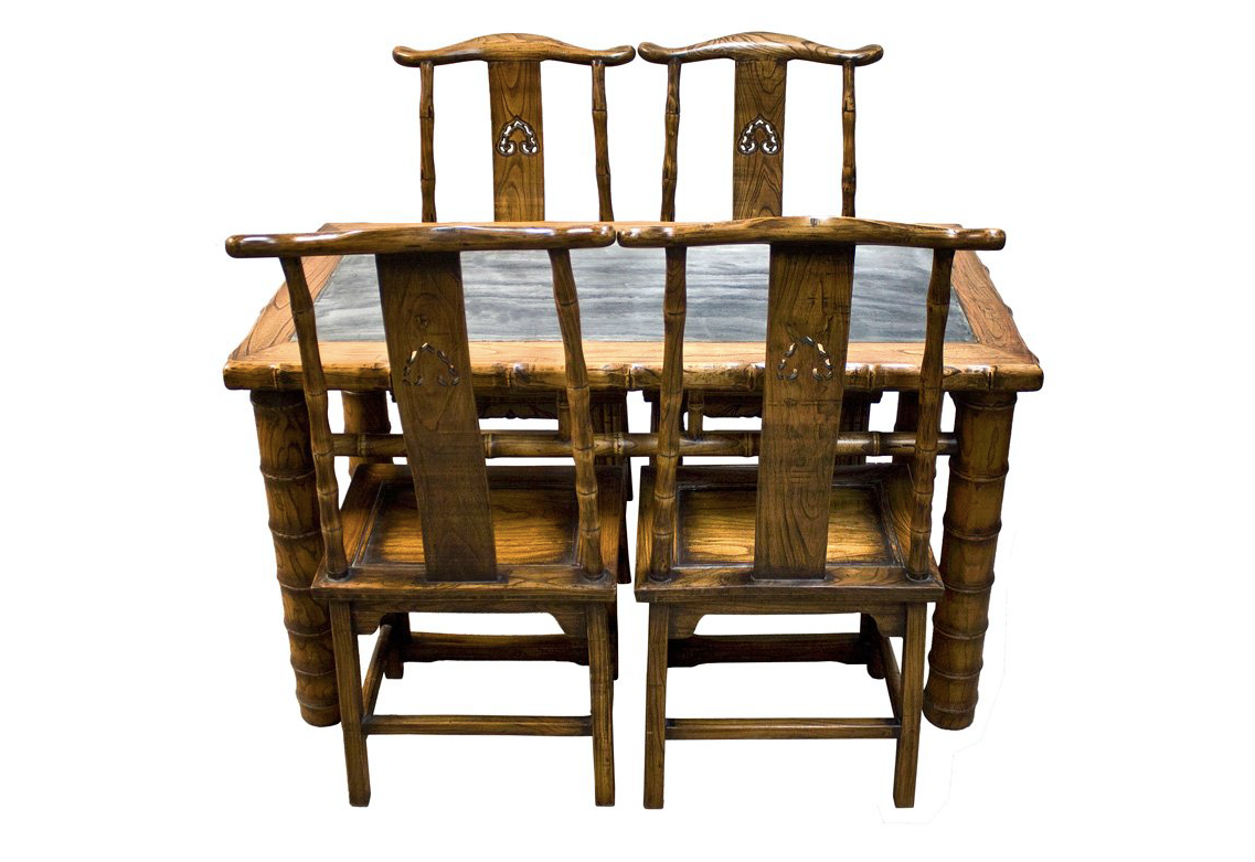 Chinese Hand Built Stone Top Dining Table Set with 3 Chairs