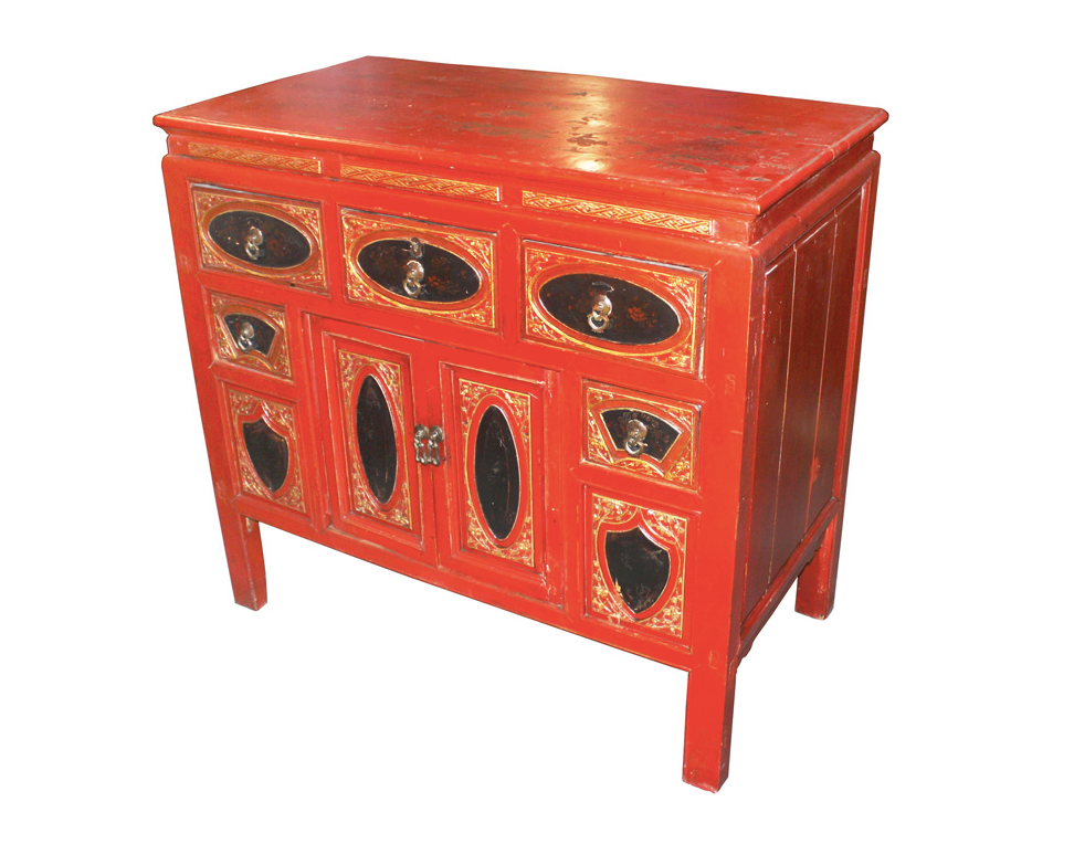 Antique Handcarved Wooden Red Gold 8-Drawer Cabinet