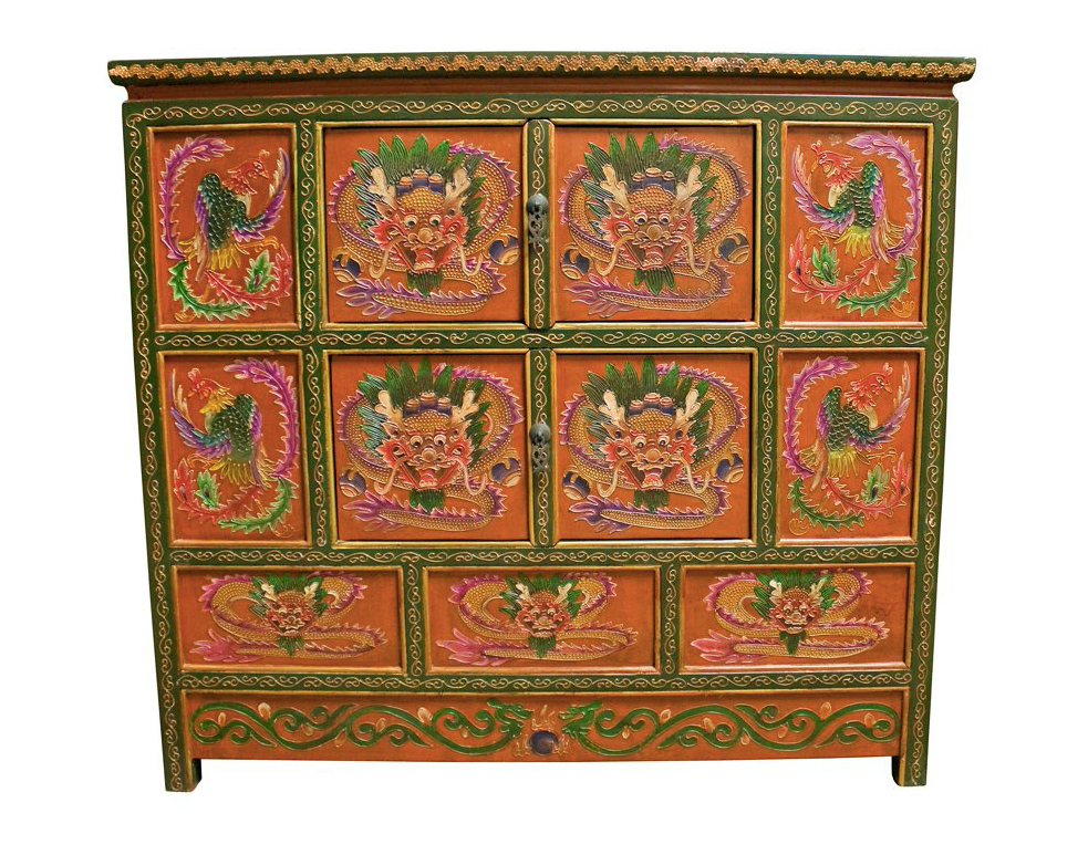 Antique Hand Carved Dragon Phoenix Motif Wooden Tibet Side Cabinet