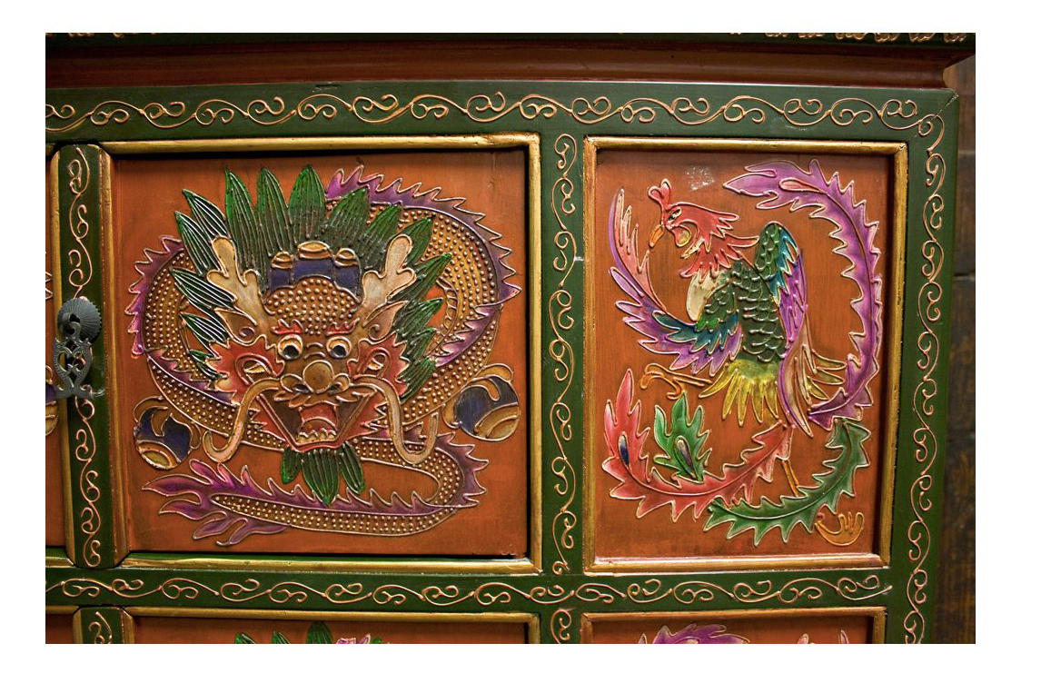 Antique Hand Carved Dragon Phoenix Motif Wooden Tibet Side Cabinet