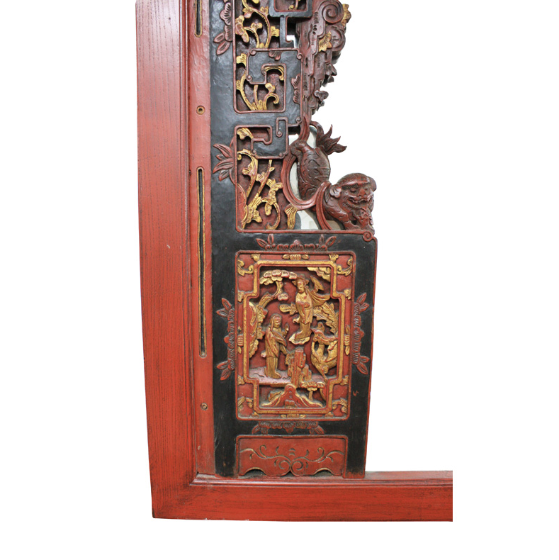 Antique Hand Carved Wooden Red & Gold Large Mirror