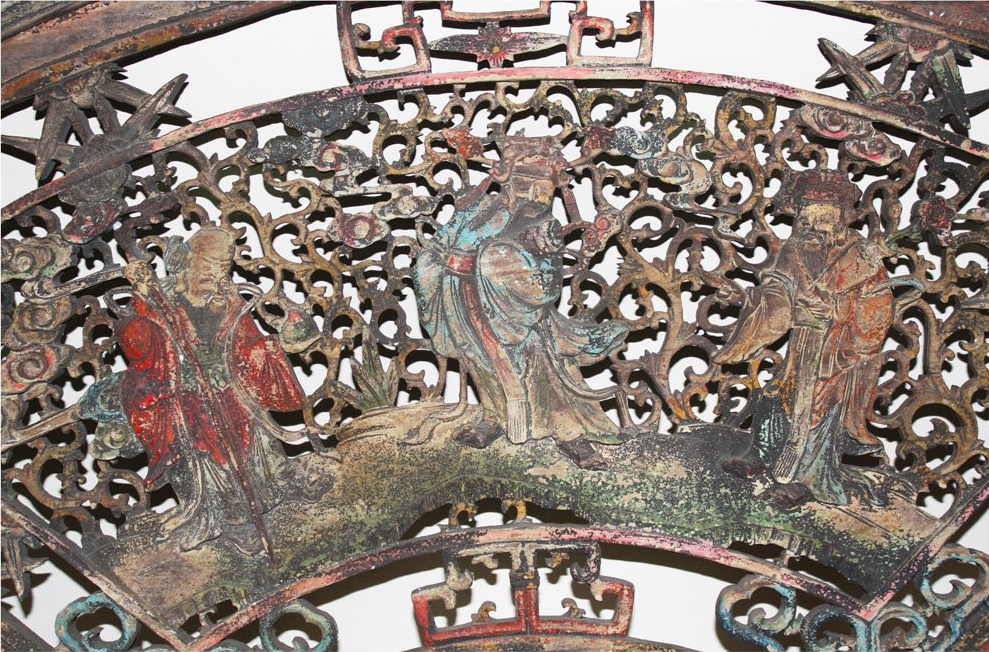 Hand Made FU LU SHOU Deities Carving Wooden Decorative Fan Wall Shape Panel