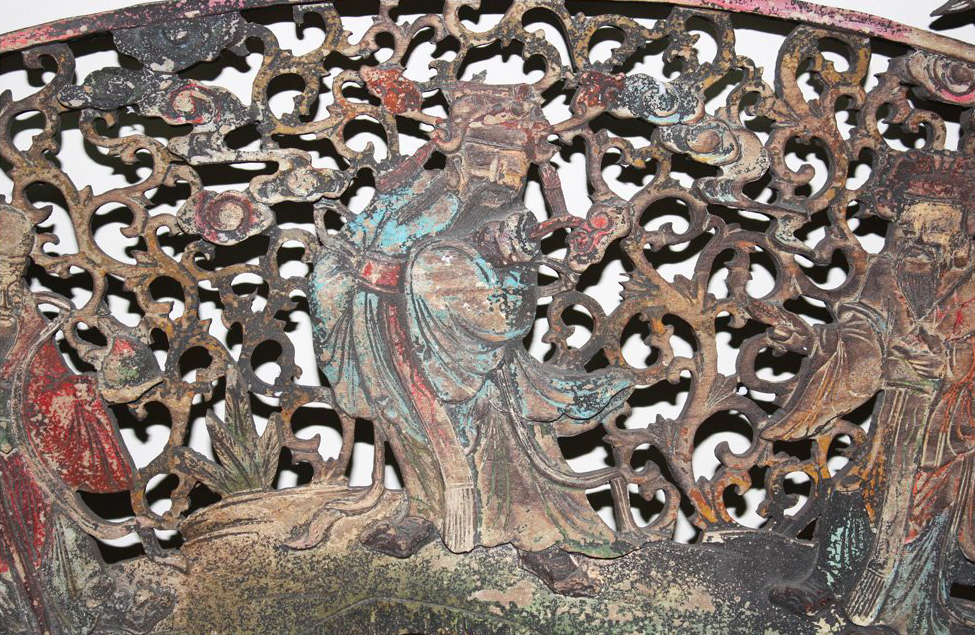Hand Made FU LU SHOU Deities Carving Wooden Decorative Fan Wall Shape Panel