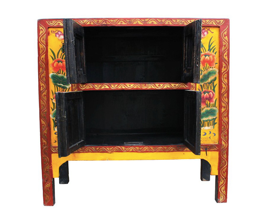 Antique Hand Carved Tibetan Dragon & Phoenix Painting Yellow Side Cabinet