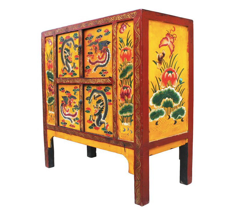 Antique Hand Carved Tibetan Dragon & Phoenix Painting Yellow Side Cabinet
