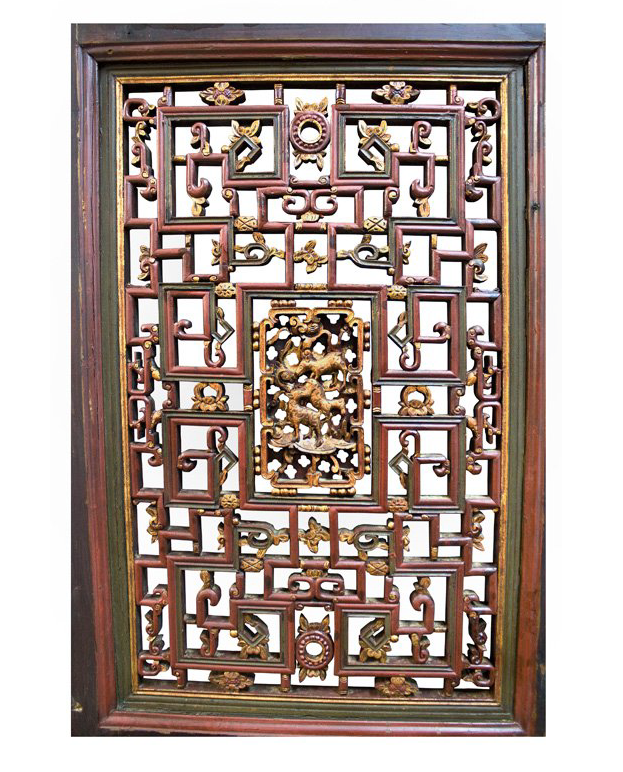 Antique Sandong Red & Green Animal Motif Carvings Wooden Screen Panels