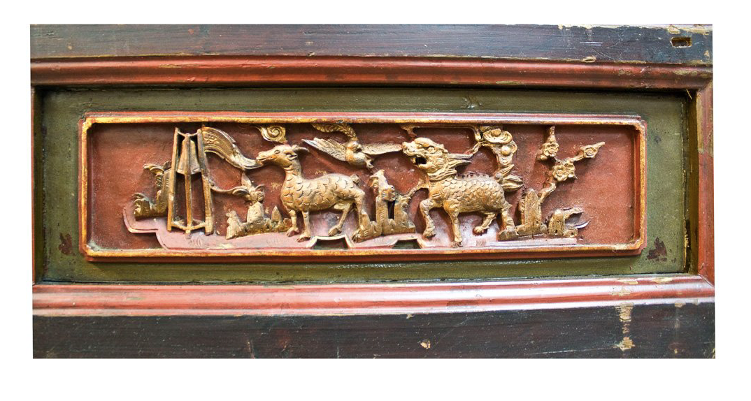 Antique Sandong Red & Green Animal Motif Carvings Wooden Screen Panels