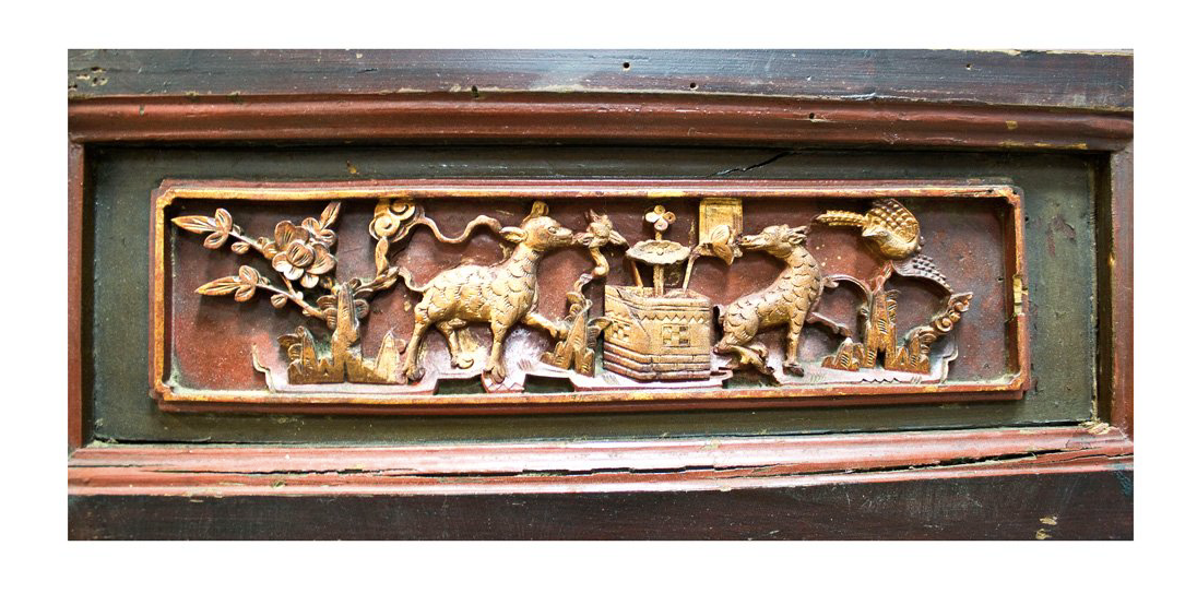 Antique Sandong Red & Green Animal Motif Carvings Wooden Screen Panels