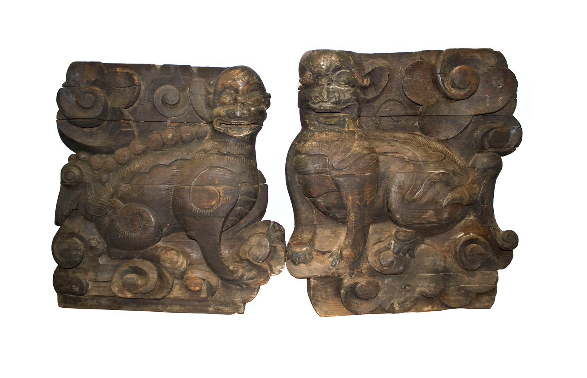 Antique Hand Carved Large Wooden Fu Dog Pair