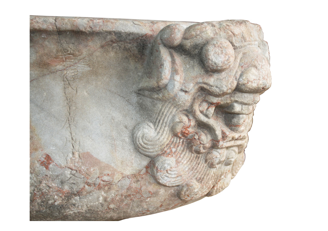 Antique Handcarved Stone Gardening Double Dragon Pot