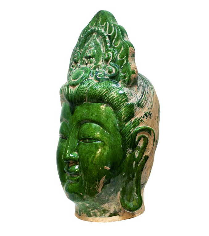 Large Green Guan-Yin Clay Pottery Head Statue