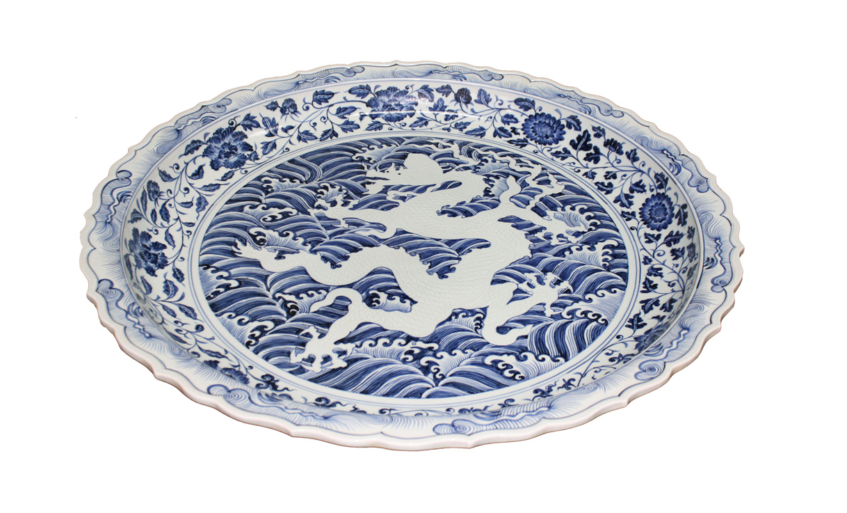 Chinese Hand Painted White & Blue Five Claws Dragon Large Porcelain Plate