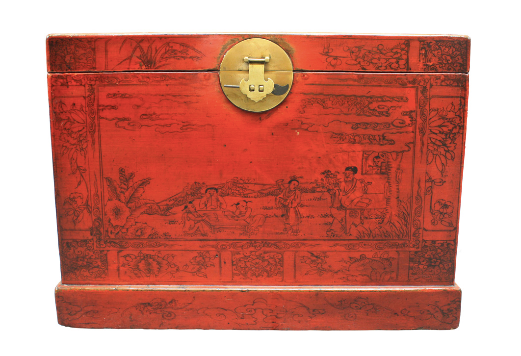 Chinese Antique Landscape Painting Wooden Red