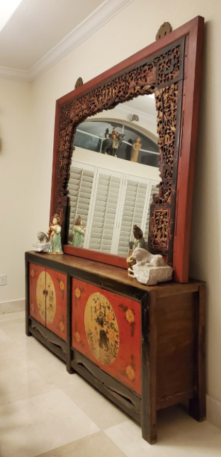 Antique Hand Carved Wooden Red & Gold Large Mirror