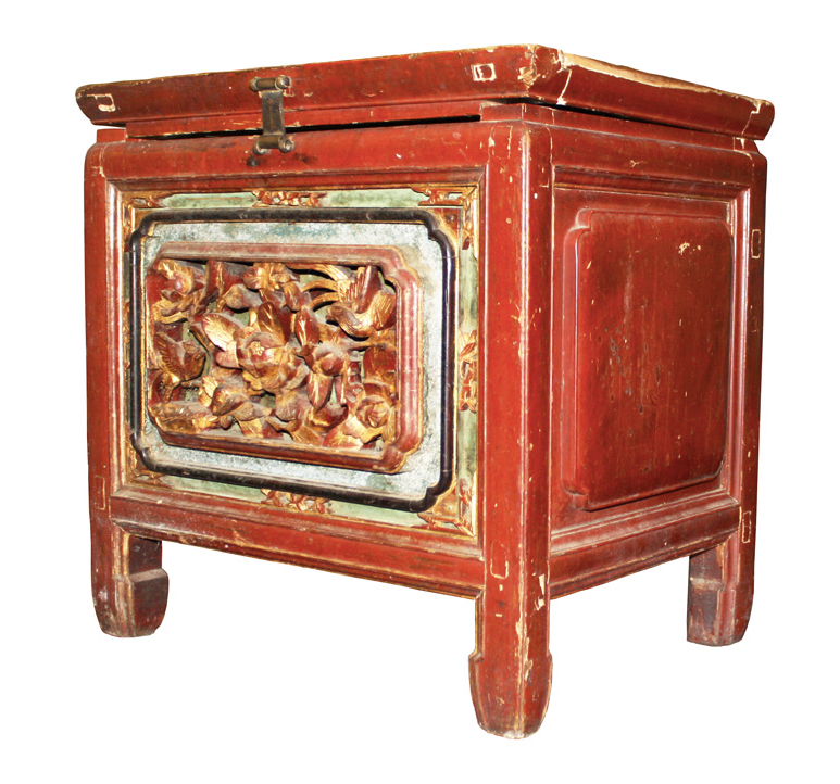 Antique Chinese Handcarved Small Wooden Red Chest