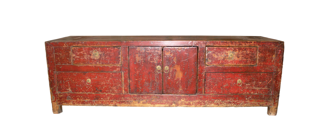 Chinese Antique Wooden Red 5 Drawer Low Side Console