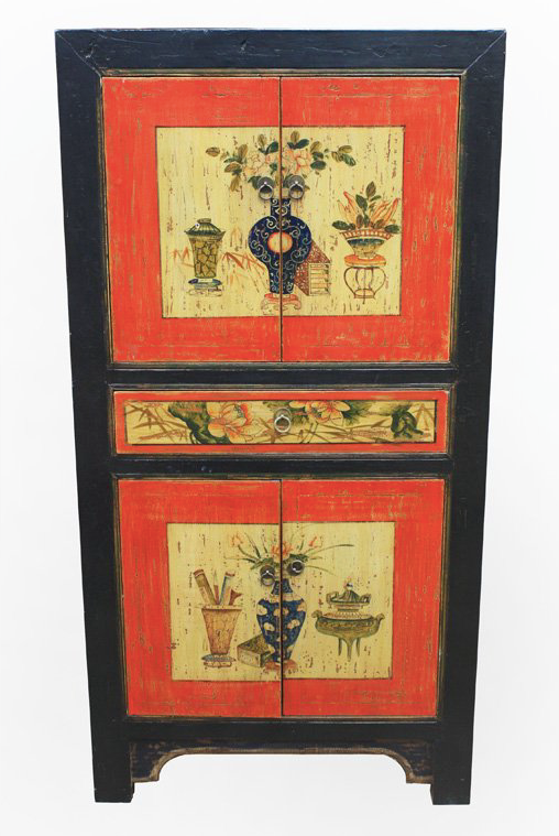 Antique Hand Painted Orange & Yellow Mongolian Tall Cabinet