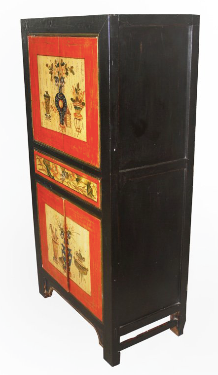 Antique Hand Painted Orange & Yellow Mongolian Tall Cabinet