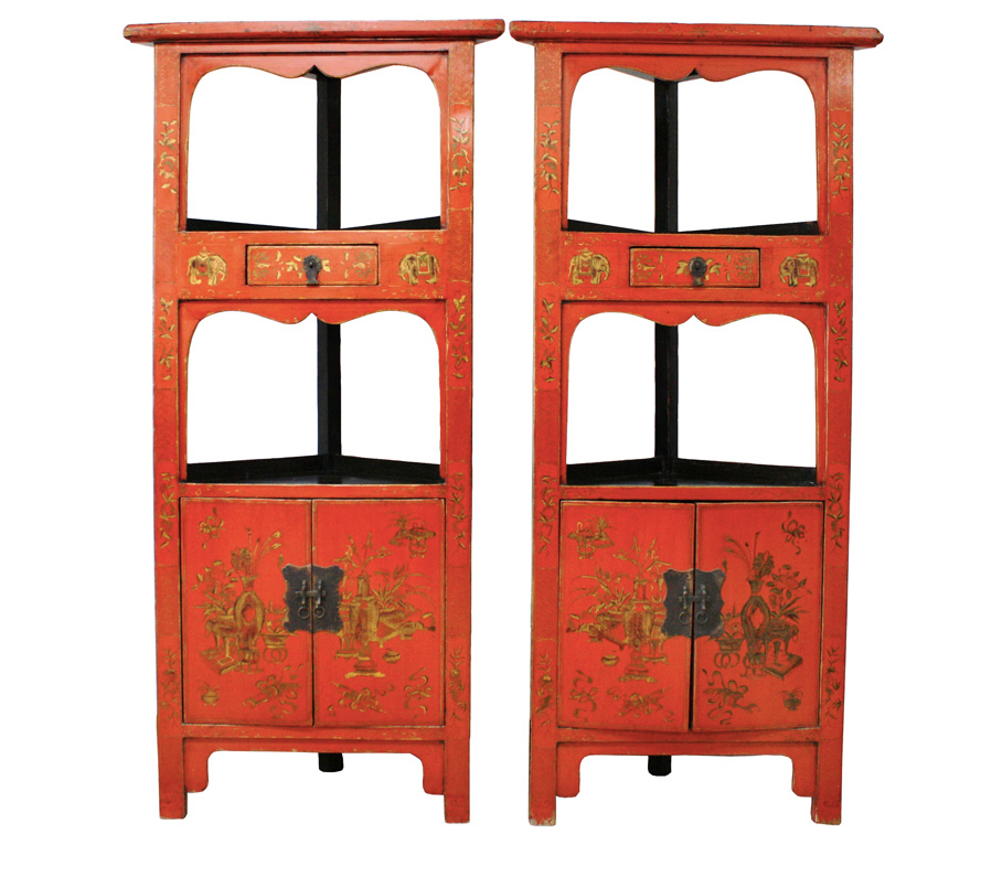 Antique Handmade Wooden Red Corner Cabinets