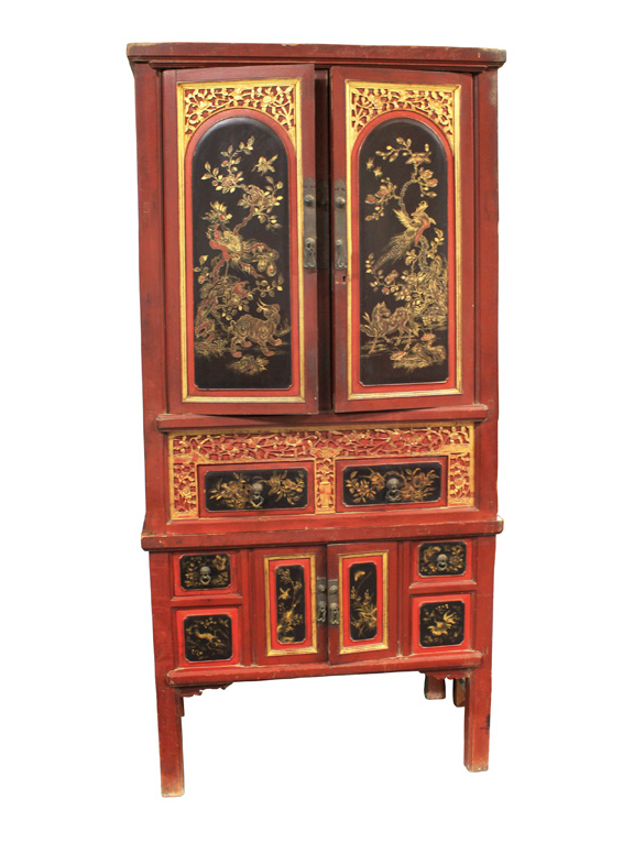Antique Chinese Red & Gold Animal Painting Tall Cabinet