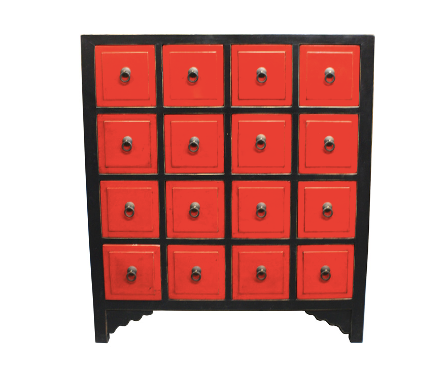 Chinese Black & Red Wooden 16 Drawer Cabinet