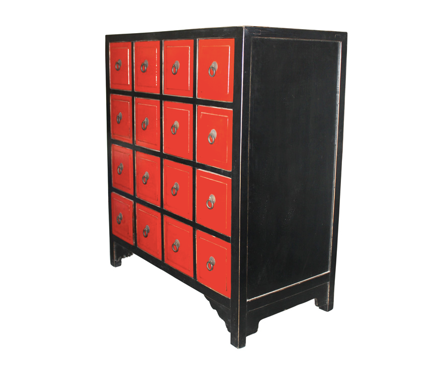 Chinese Black & Red Wooden 16 Drawer Cabinet