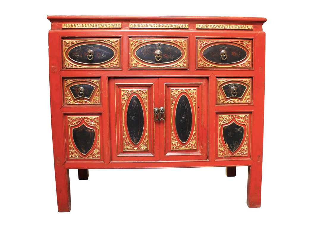 Antique Handcarved Wooden Red Gold 8-Drawer Cabinet