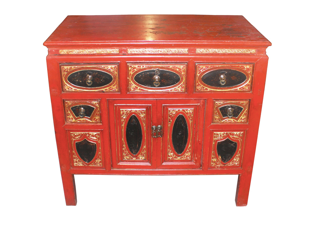 Antique Handcarved Wooden Red Gold 8-Drawer Cabinet