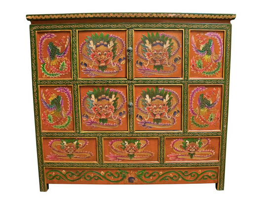 Antique Hand Carved Dragon Phoenix Motif Wooden Tibet Side Cabinet