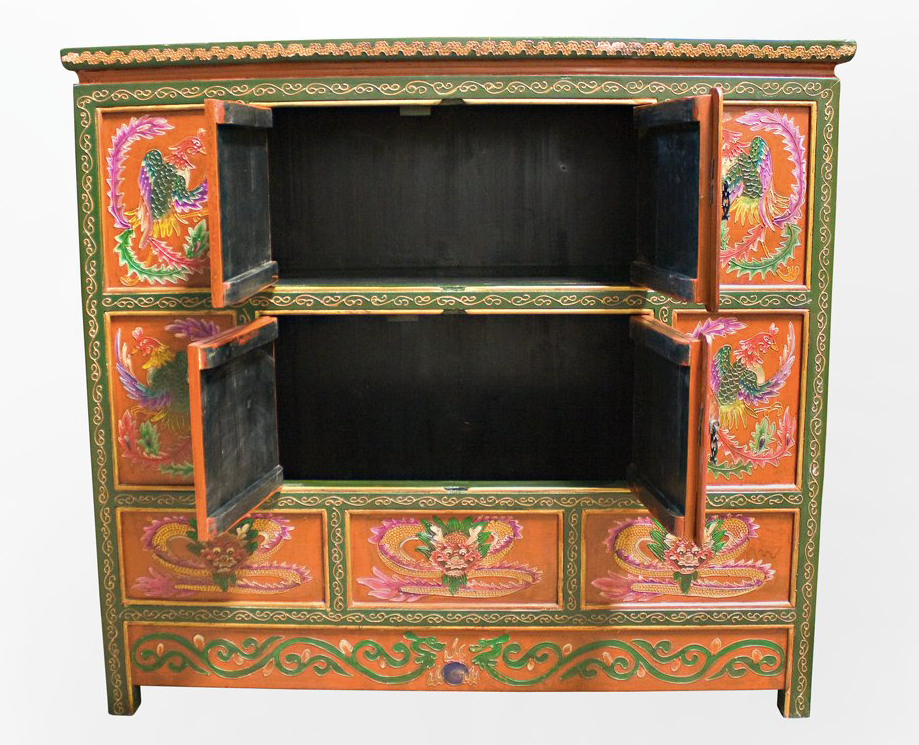 Antique Hand Carved Dragon Phoenix Motif Wooden Tibet Side Cabinet