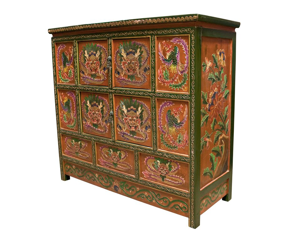 Antique Hand Carved Dragon Phoenix Motif Wooden Tibet Side Cabinet
