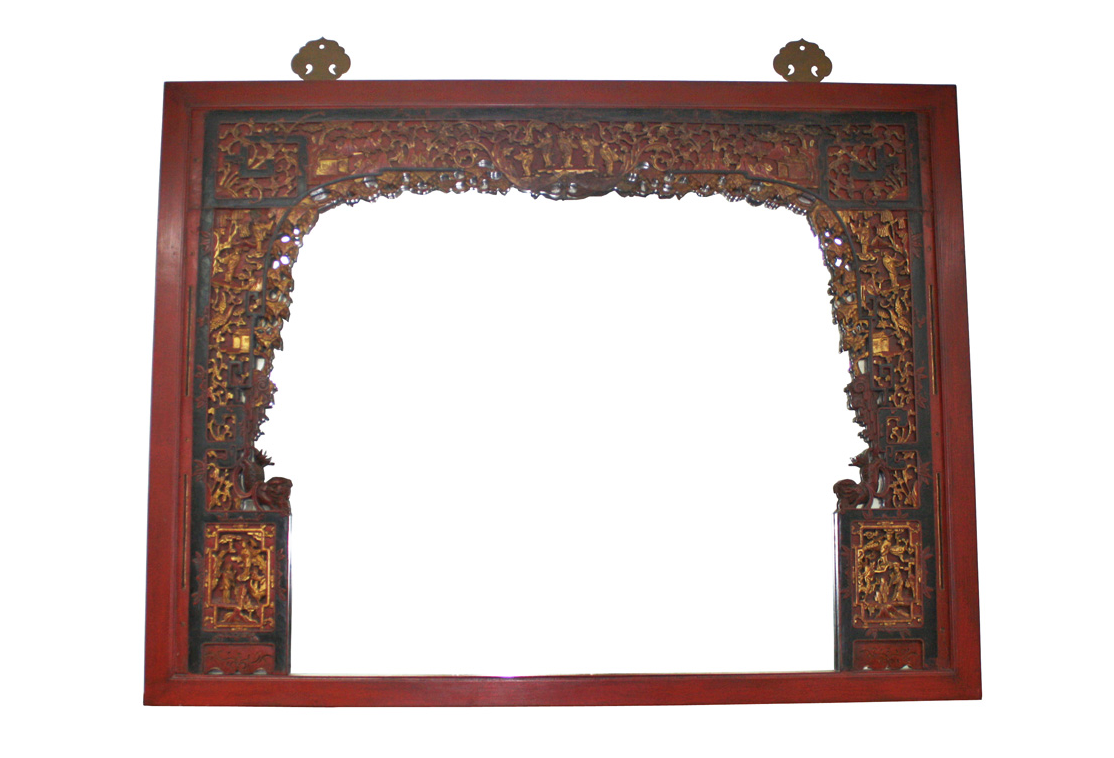 Antique Hand Carved Wooden Red & Gold Large Mirror