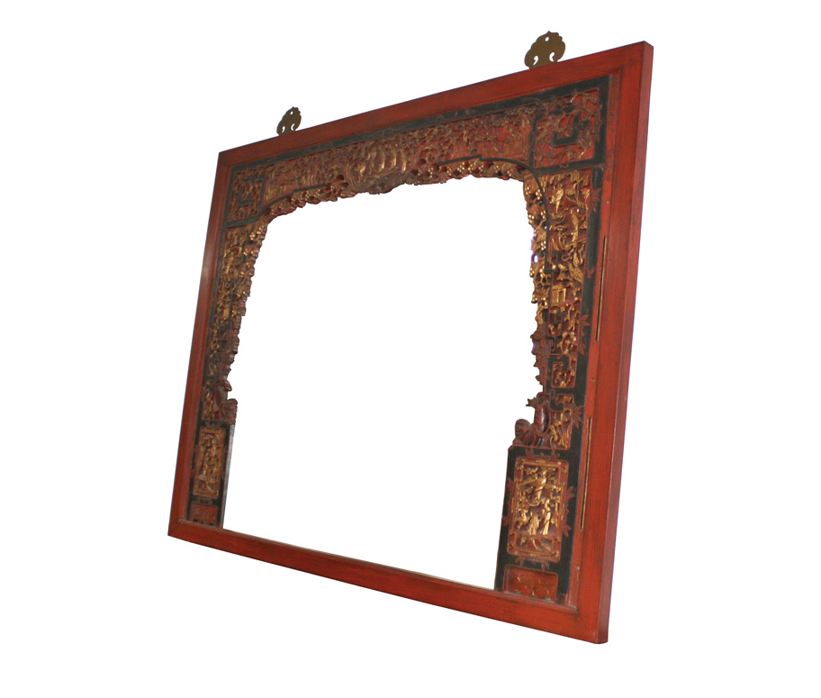 Antique Hand Carved Wooden Red & Gold Large Mirror
