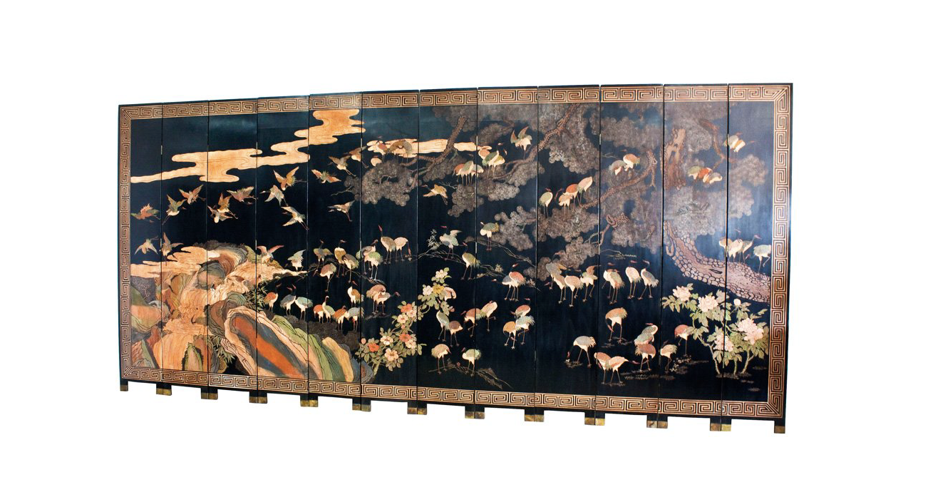 Antique Japanese 100 Longevity Cranes Scenary Carving Large 12 Wooden Panel Screen