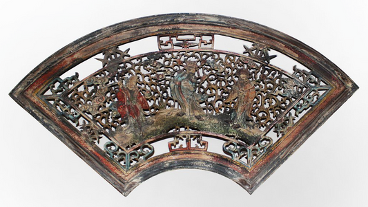 Hand Made FU LU SHOU Deities Carving Wooden Decorative Fan Wall Shape Panel