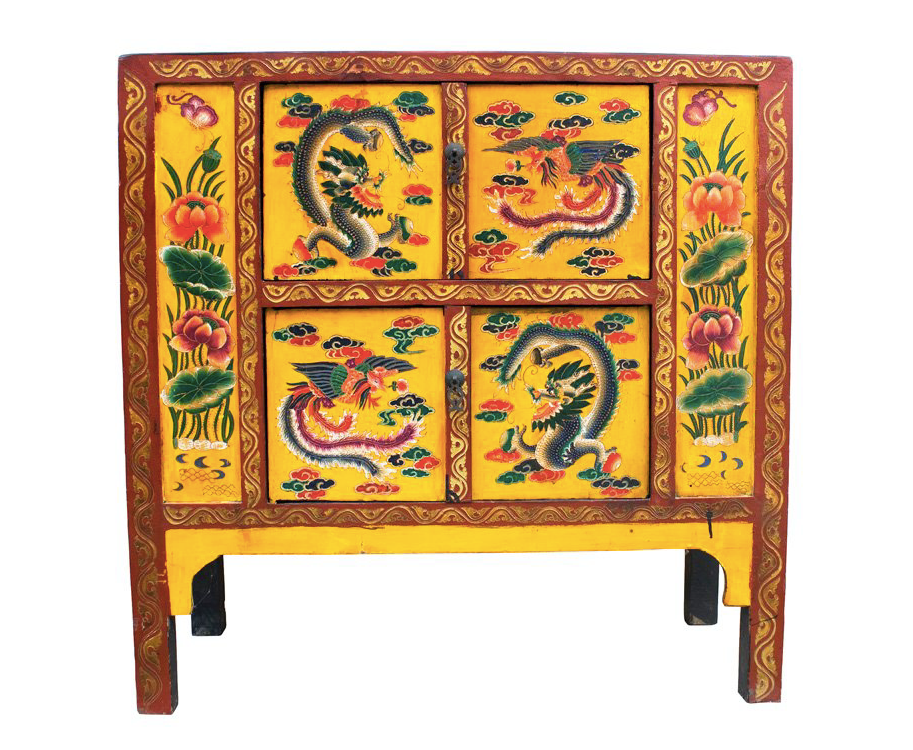 Antique Hand Carved Tibetan Dragon & Phoenix Painting Yellow Side Cabinet