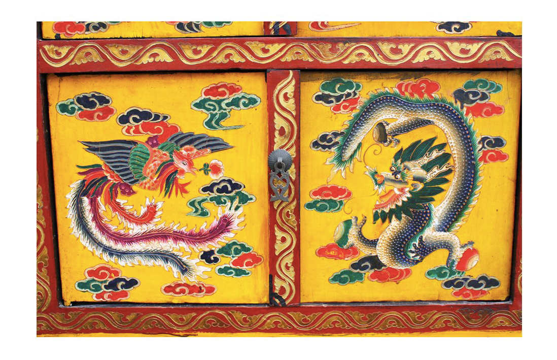 Antique Hand Carved Tibetan Dragon & Phoenix Painting Yellow Side Cabinet