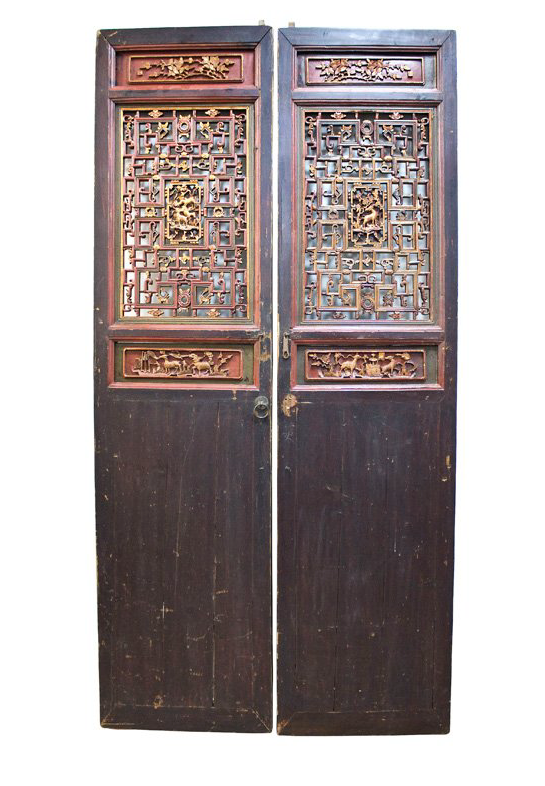Antique Sandong Red & Green Animal Motif Carvings Wooden Screen Panels