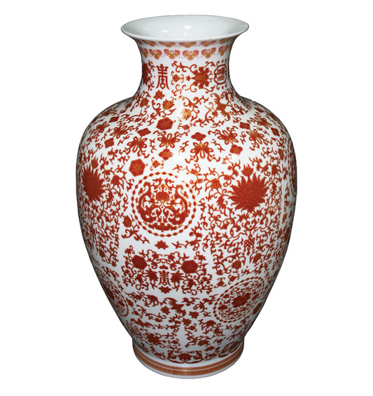 Chinese White & Red Flower Porcelain Wide Vase